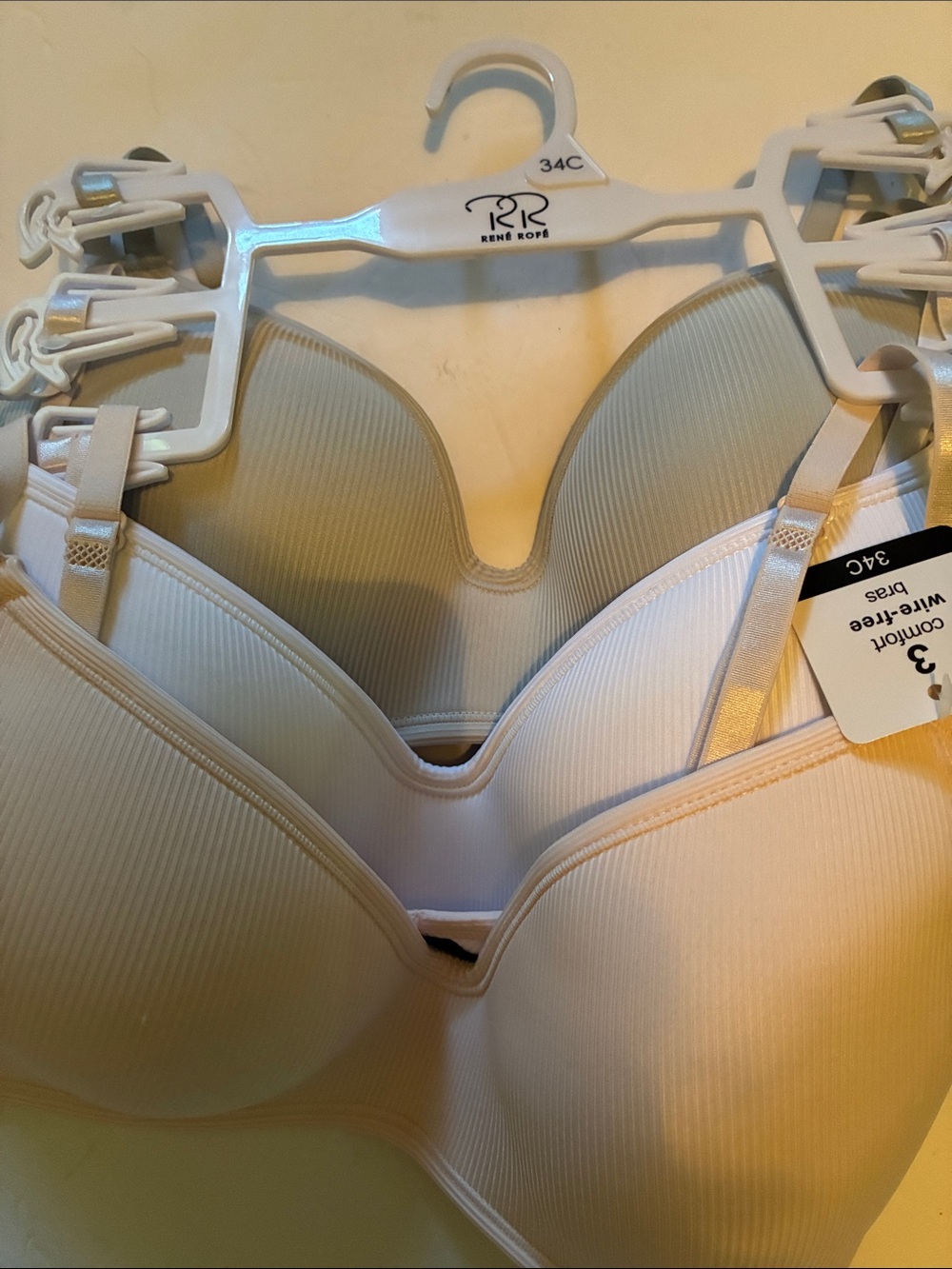 Rene Rofe 3-Pack Seamless T-Shirt Bras - White, Cream, Light GrayWireless ,34C